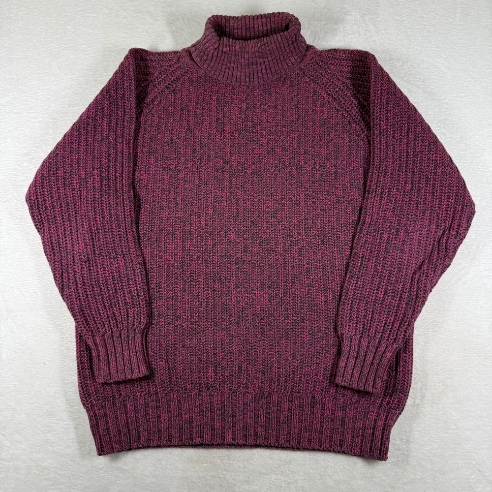 Eddie Bauer Mens M Burgundy Marled Cotton Chunky Knit Turtleneck Sweater 10239